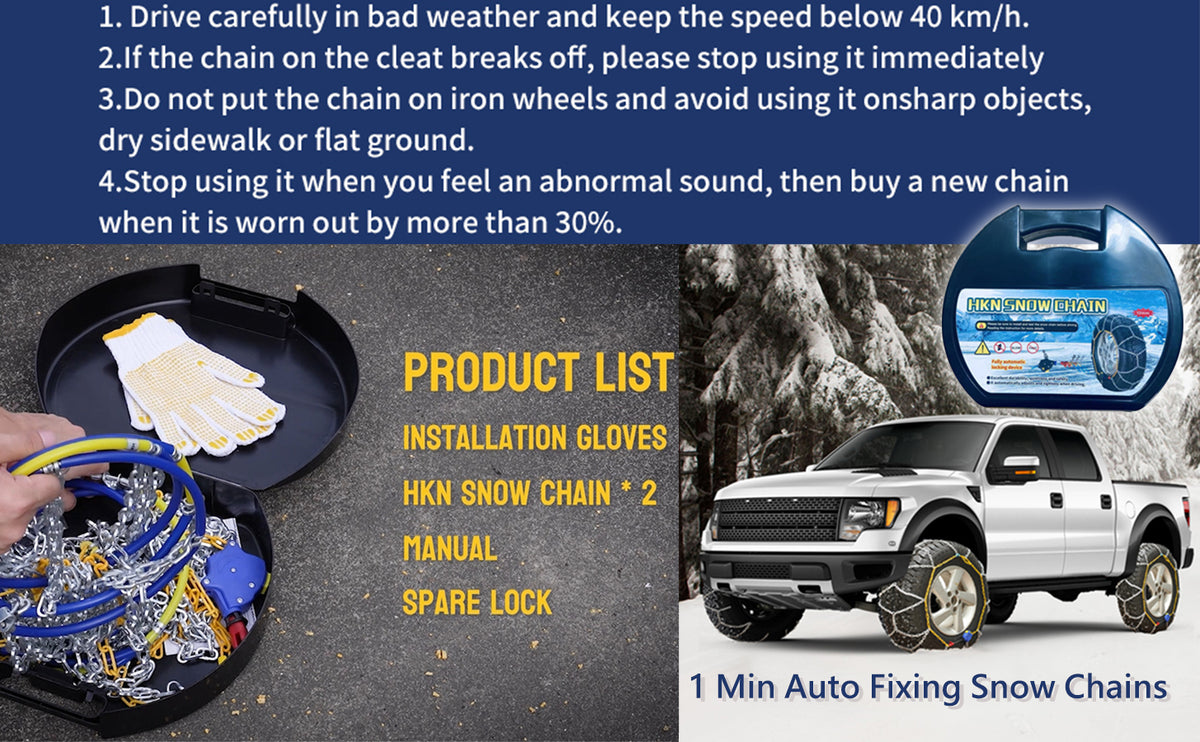 Auto Tightening Snow Chains Tire Chains, 1-Minute Quick Install, Universal Fit for Car/SUV/Pickup Truck, Multi-Weather Emergency Traction, Set of 2