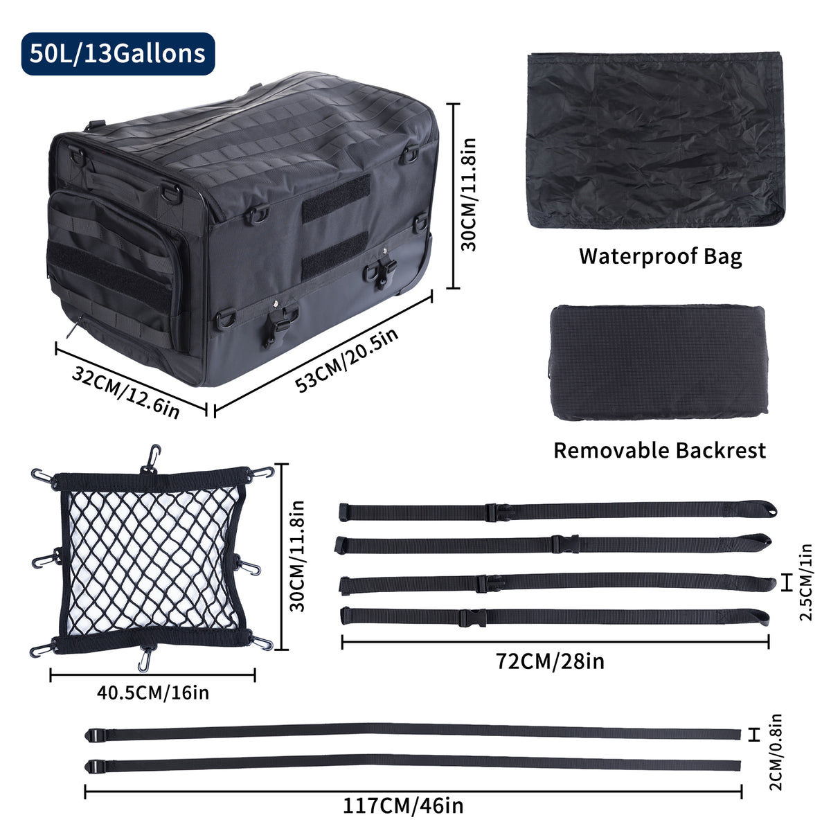 Motorcycle Touring Seat Bag Trolley Case with Wheels, Waterproof Suitcase, Luggage, Duffel, Tail, Tour Trunk, Gear, Rear Rack Bag, Sissy Bar Bag (50L/13Gallons)
