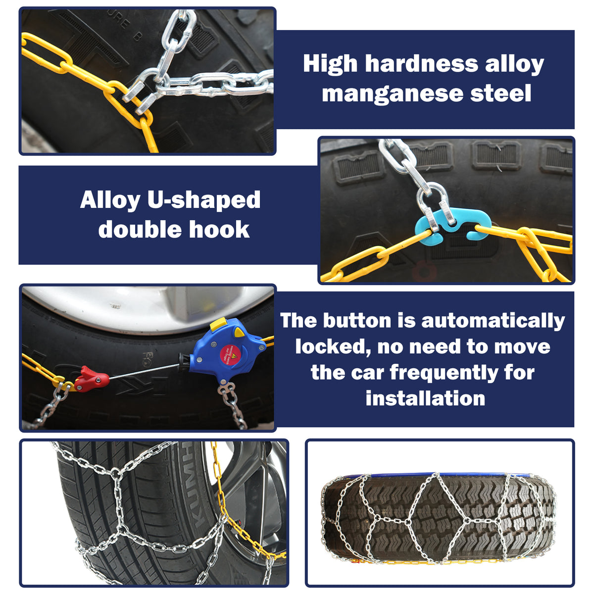 Auto Tightening Snow Chains Tire Chains, 1-Minute Quick Install, Universal Fit for Car/SUV/Pickup Truck, Multi-Weather Emergency Traction, Set of 2
