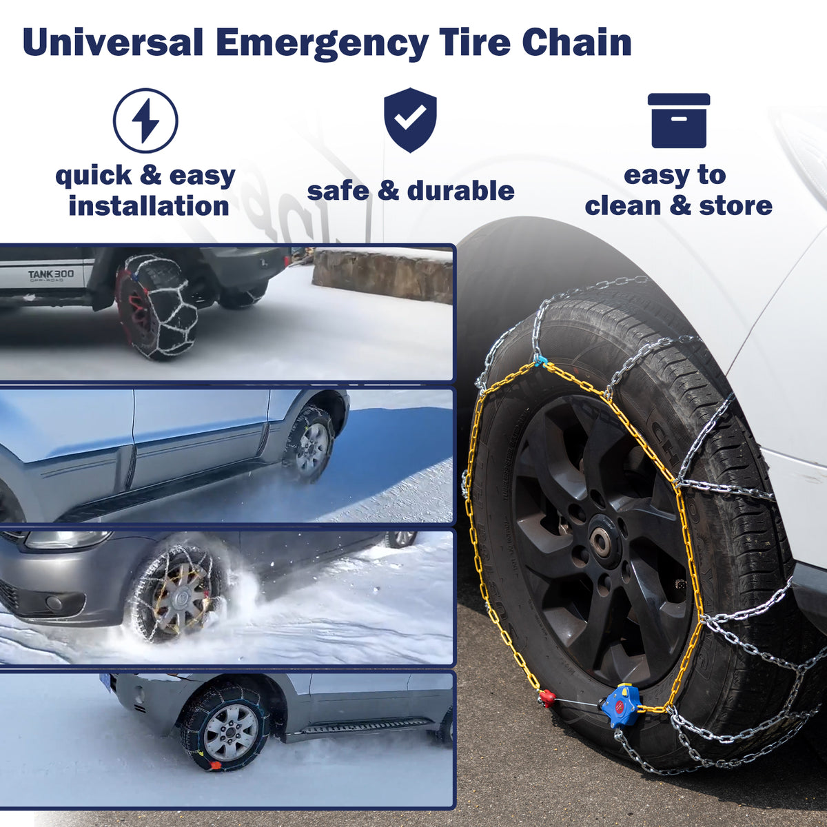 Auto Tightening Snow Chains Tire Chains, 1-Minute Quick Install, Universal Fit for Car/SUV/Pickup Truck, Multi-Weather Emergency Traction, Set of 2