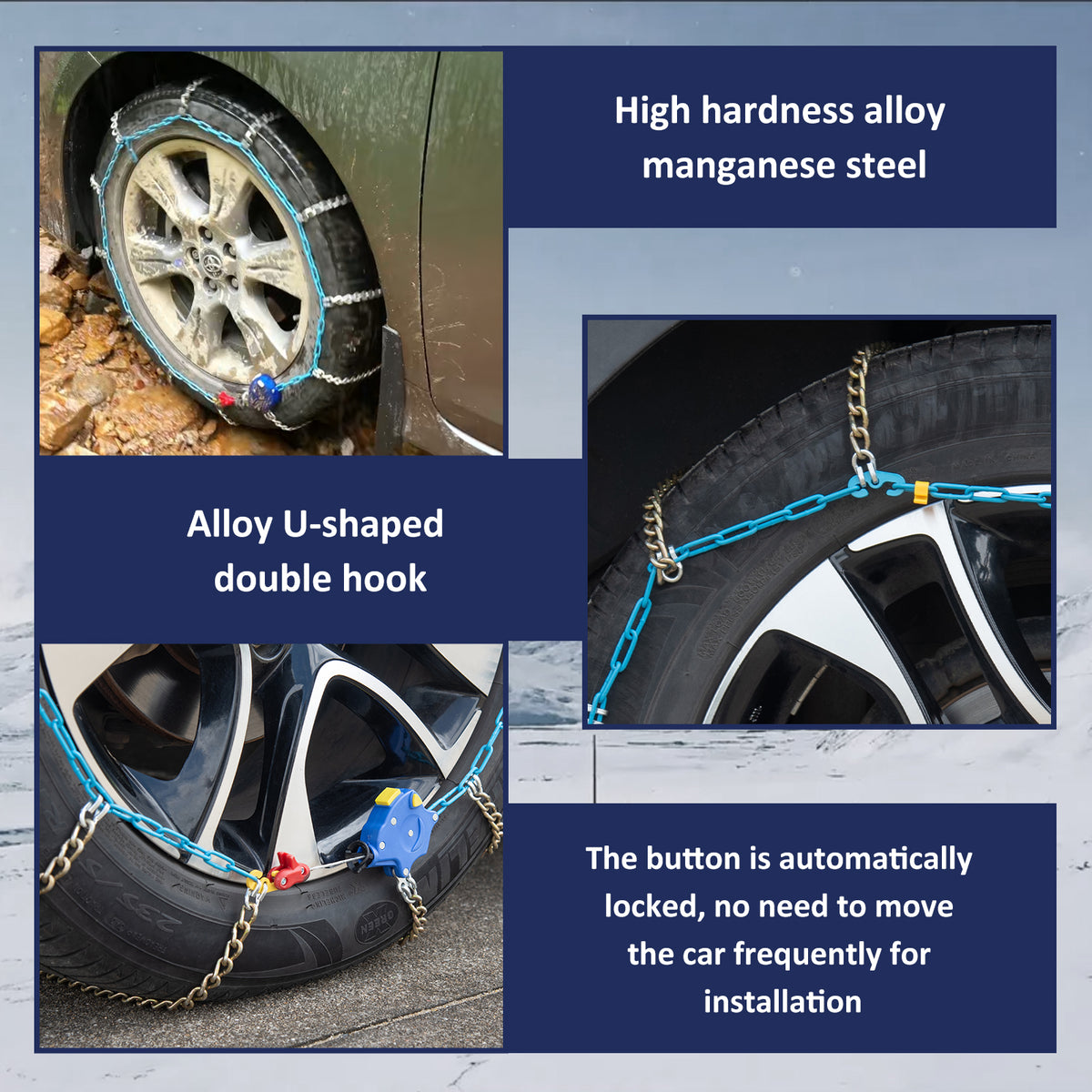 Neochiaevo HLN Auto Tightening Snow Chains Tire Chains, 3.9mm Diameter, 1-Minute Quick Install, Twist-Link, Wear-Resistant, Universal for Car/SUV/Pickup Trucks, Multi-Weather Emergency Traction, Set of 2