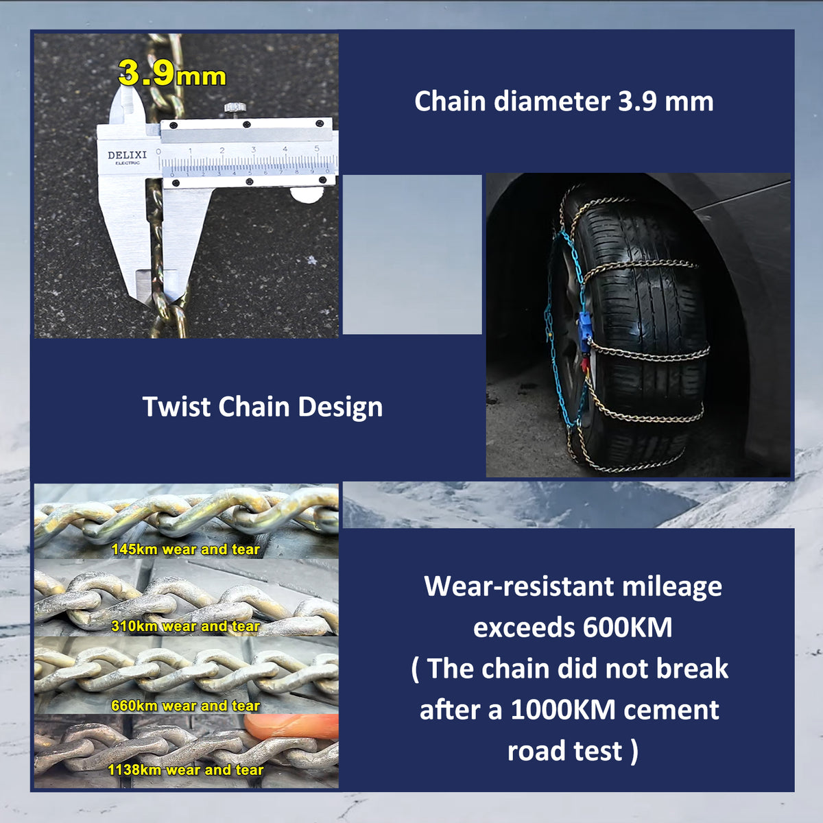 Neochiaevo HLN Auto Tightening Snow Chains Tire Chains, 3.9mm Diameter, 1-Minute Quick Install, Twist-Link, Wear-Resistant, Universal for Car/SUV/Pickup Trucks, Multi-Weather Emergency Traction, Set of 2