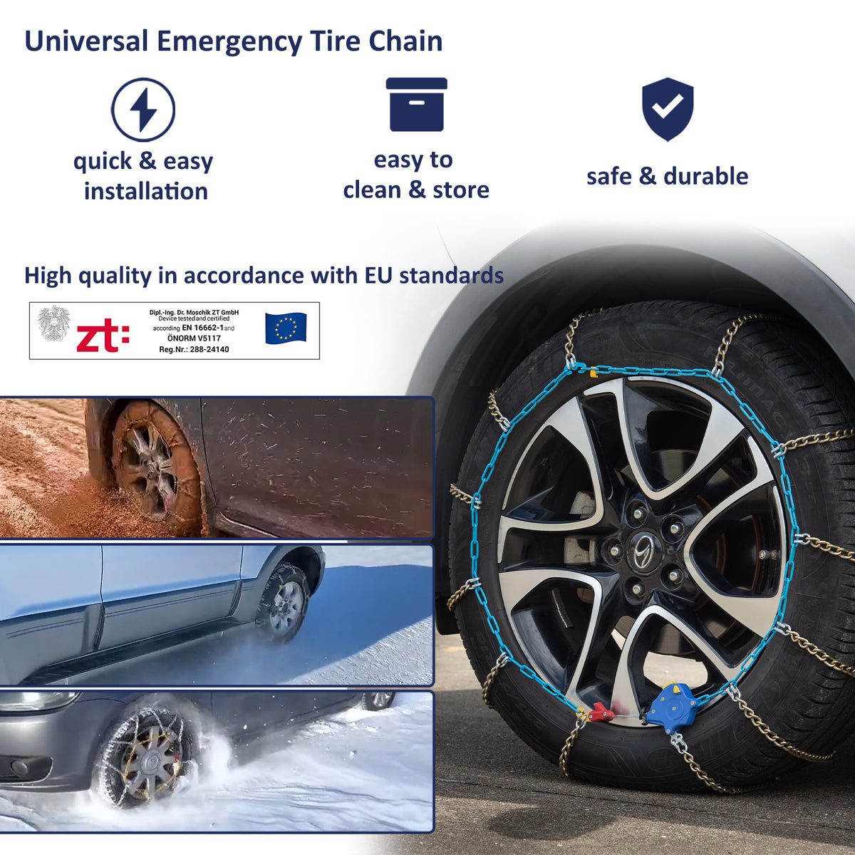Neochiaevo HLN Auto Tightening Snow Chains Tire Chains, 3.9mm Diameter, 1-Minute Quick Install, Twist-Link, Wear-Resistant, Universal for Car/SUV/Pickup Trucks, Multi-Weather Emergency Traction, Set of 2