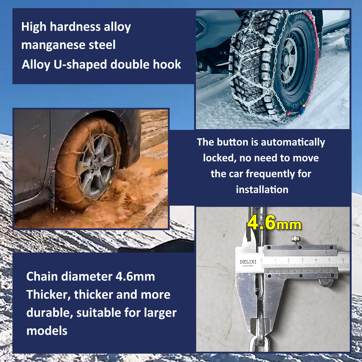 Neochiaevo HYR Auto Tightening Snow Chains Tire Chains, 4.6mm Diameter, 1-Minute Quick Install, Universal Fit for Car/SUV/Pickup Truck, Multi-Weather Emergency Traction, Set of 2