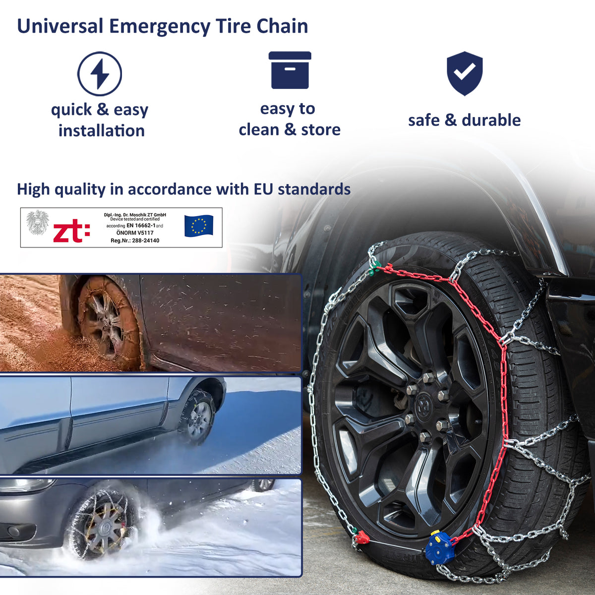 Neochiaevo HYR Auto Tightening Snow Chains Tire Chains, 4.6mm Diameter, 1-Minute Quick Install, Universal Fit for Car/SUV/Pickup Truck, Multi-Weather Emergency Traction, Set of 2