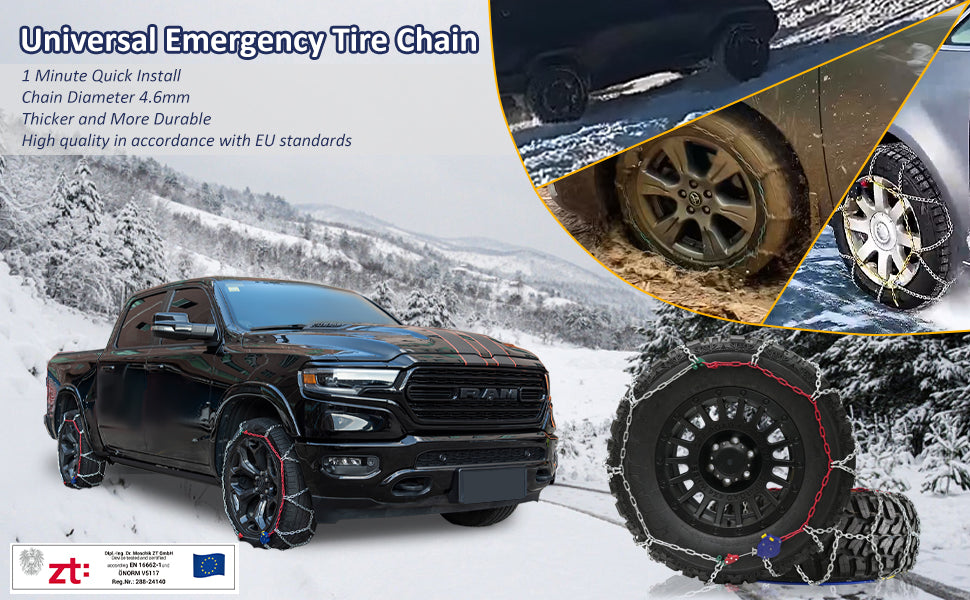 Neochiaevo HYR Auto Tightening Snow Chains Tire Chains, 4.6mm Diameter, 1-Minute Quick Install, Universal Fit for Car/SUV/Pickup Truck, Multi-Weather Emergency Traction, Set of 2
