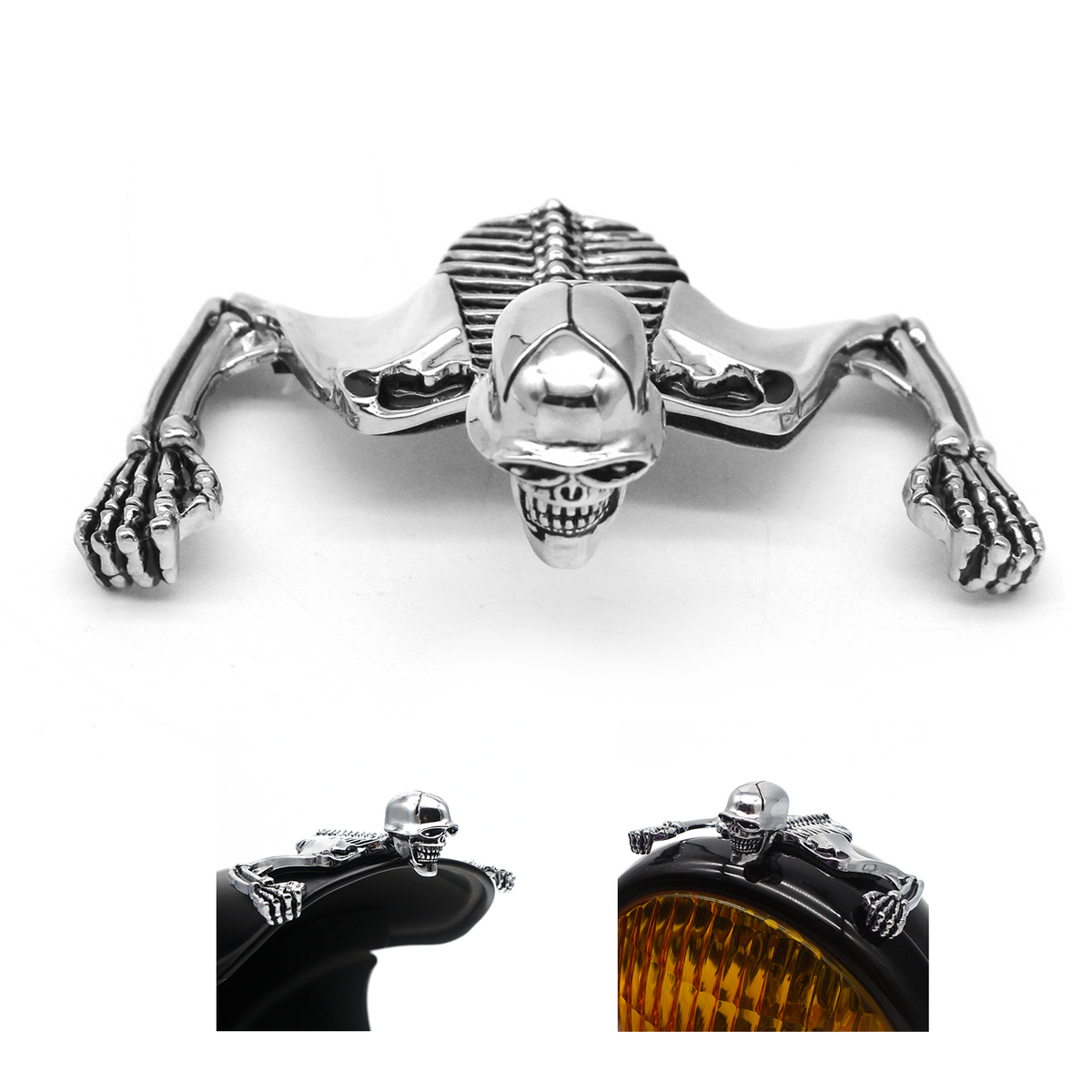 Skull Headlight Ornament For Small 4, 4-1/2 and 5-3/4 inch, Large 7 Inch Headlights and Mudguards, Fits Harley, Custom, For Bobber & Chopper Motorcycles Chorme