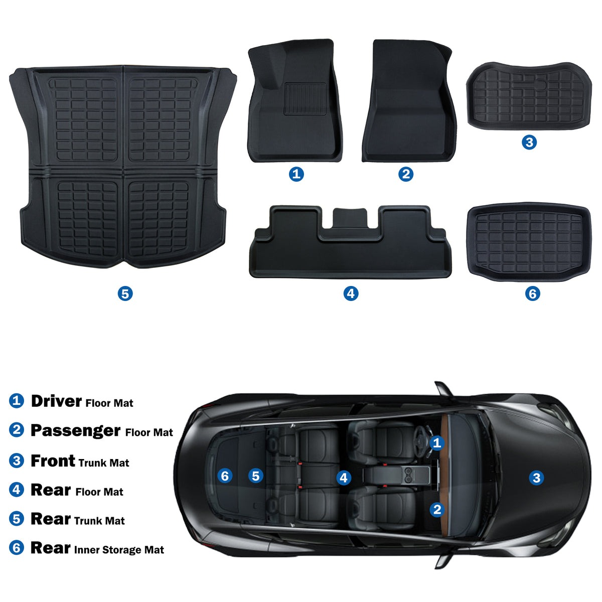 Floor Mats For 2021-2023 Tesla Model 3 , Trunk Mats Interior Accessories (Set of 6)