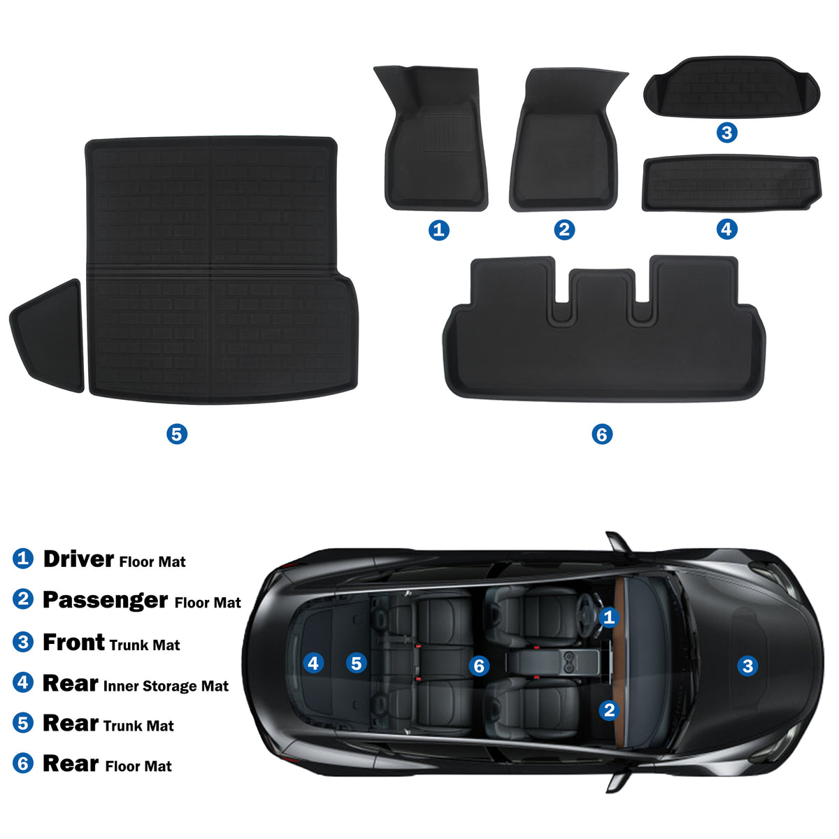 All Weather Floor Mats Compatible with Tesla Model S 2024 2023 2022 2021, Custom 3D Fit Front Rear Tray, Cargo Liner, Trunk Mats Car Interior Accessories, Waterproof Anti-Slip (Full Set of 6)